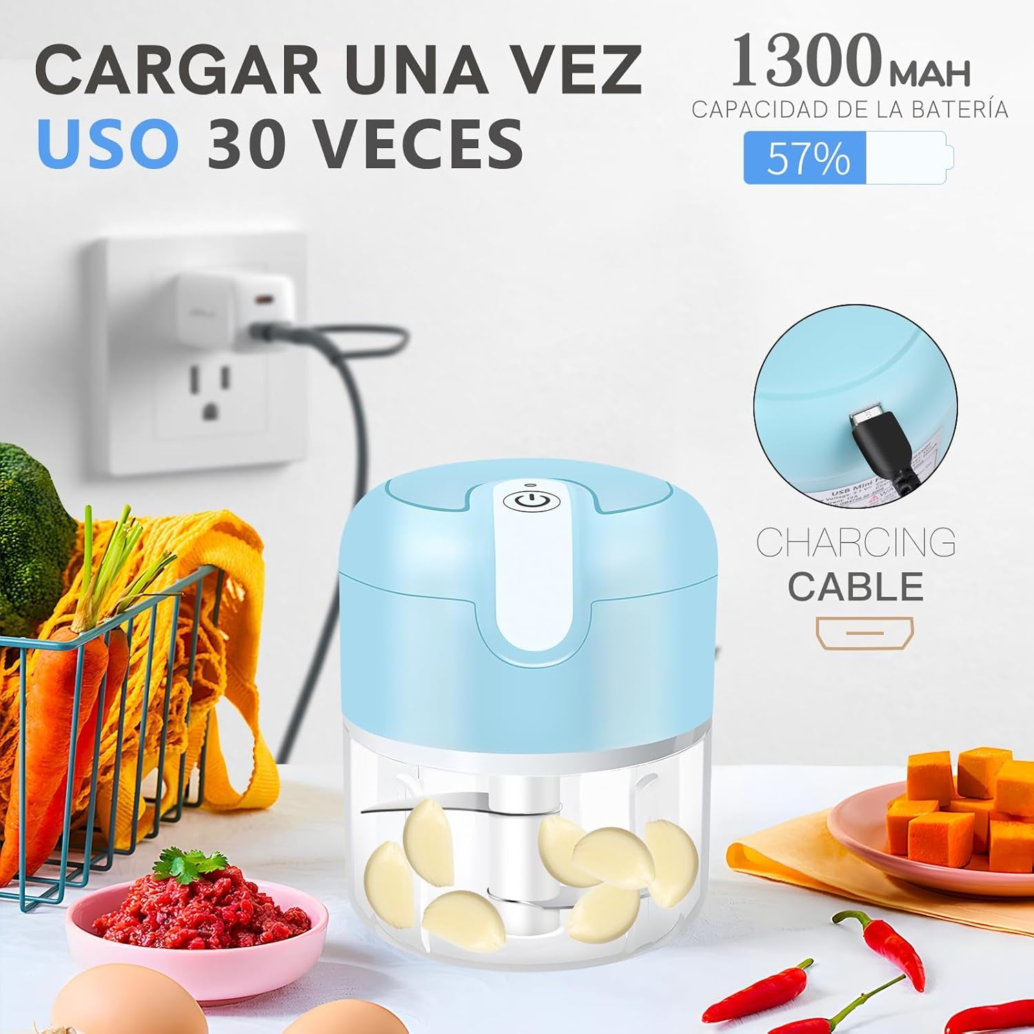 Electric Garlic Chopper 1Cup, Mini USB Charging Wireless Food Processor with 304 Stainless Steel, 2 Sharp Blades, Portable Kitchen Meat Grinder for Onion, Garlic, Ginger, Baby Food