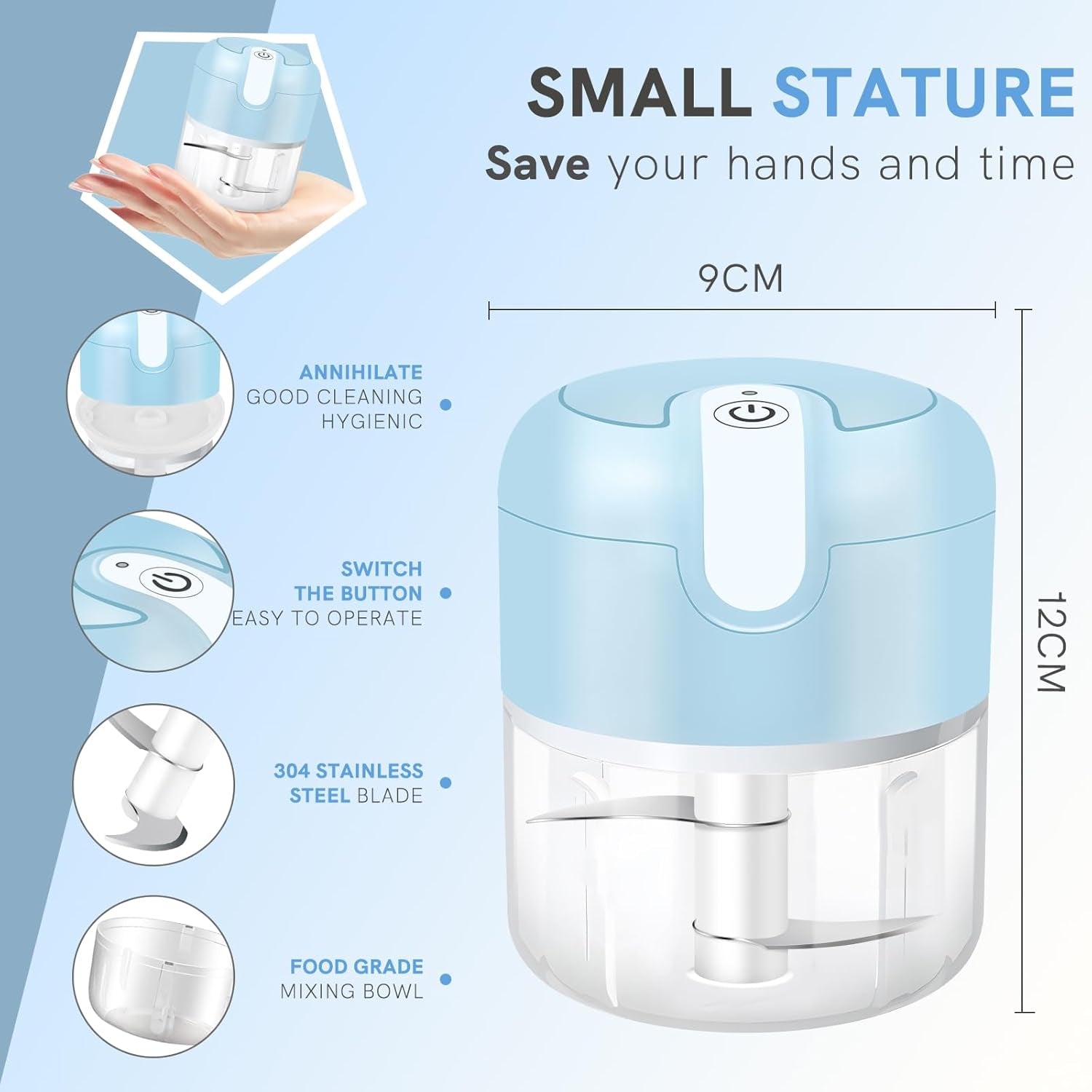 Electric Garlic Chopper 1Cup, Mini USB Charging Wireless Food Processor with 304 Stainless Steel, 2 Sharp Blades, Portable Kitchen Meat Grinder for Onion, Garlic, Ginger, Baby Food