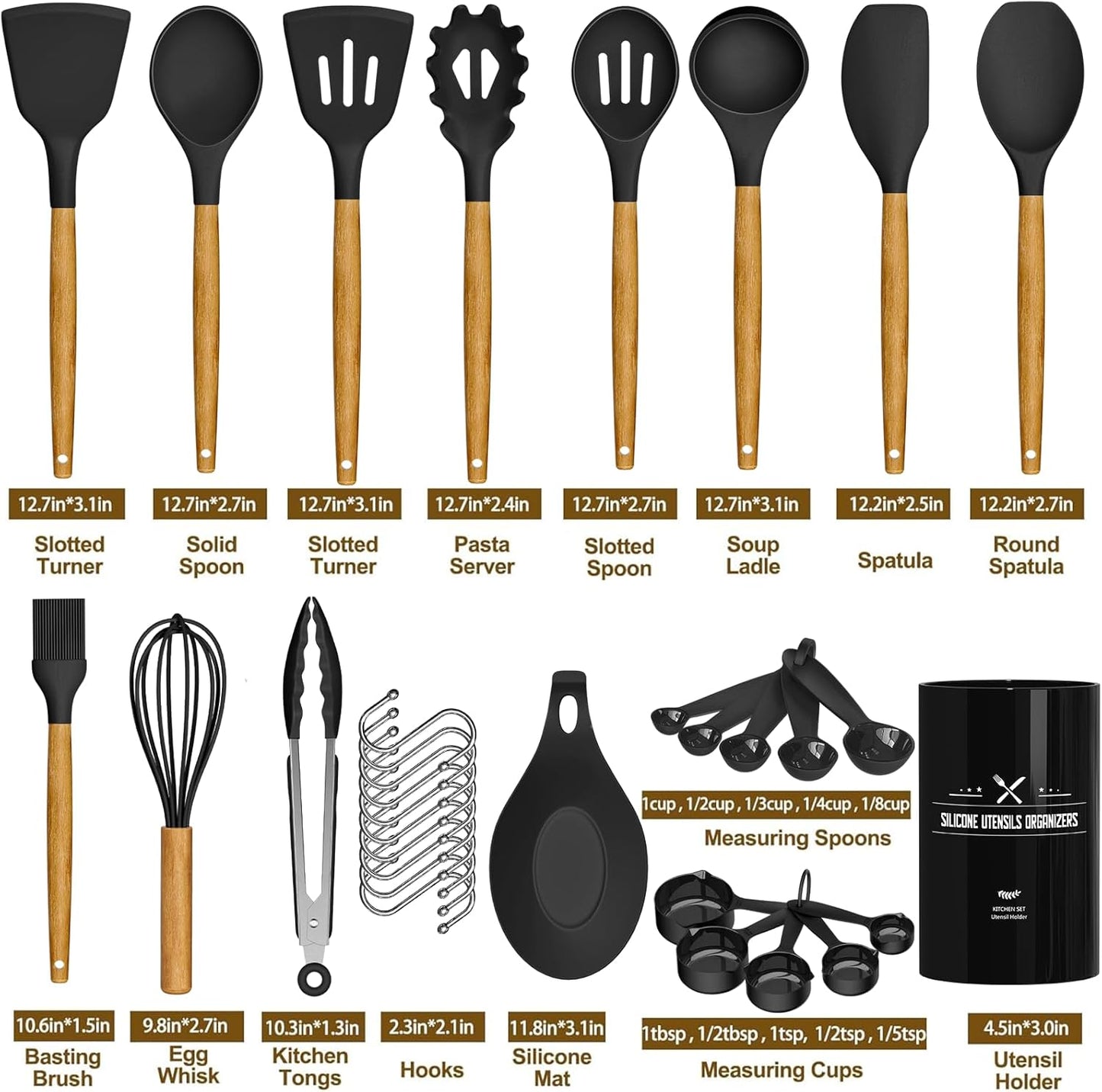 Ultimate 33-Piece Kitchen Cooking Utensils Set - Non-Stick Silicone Tools with Stylish Black Wooden Handles