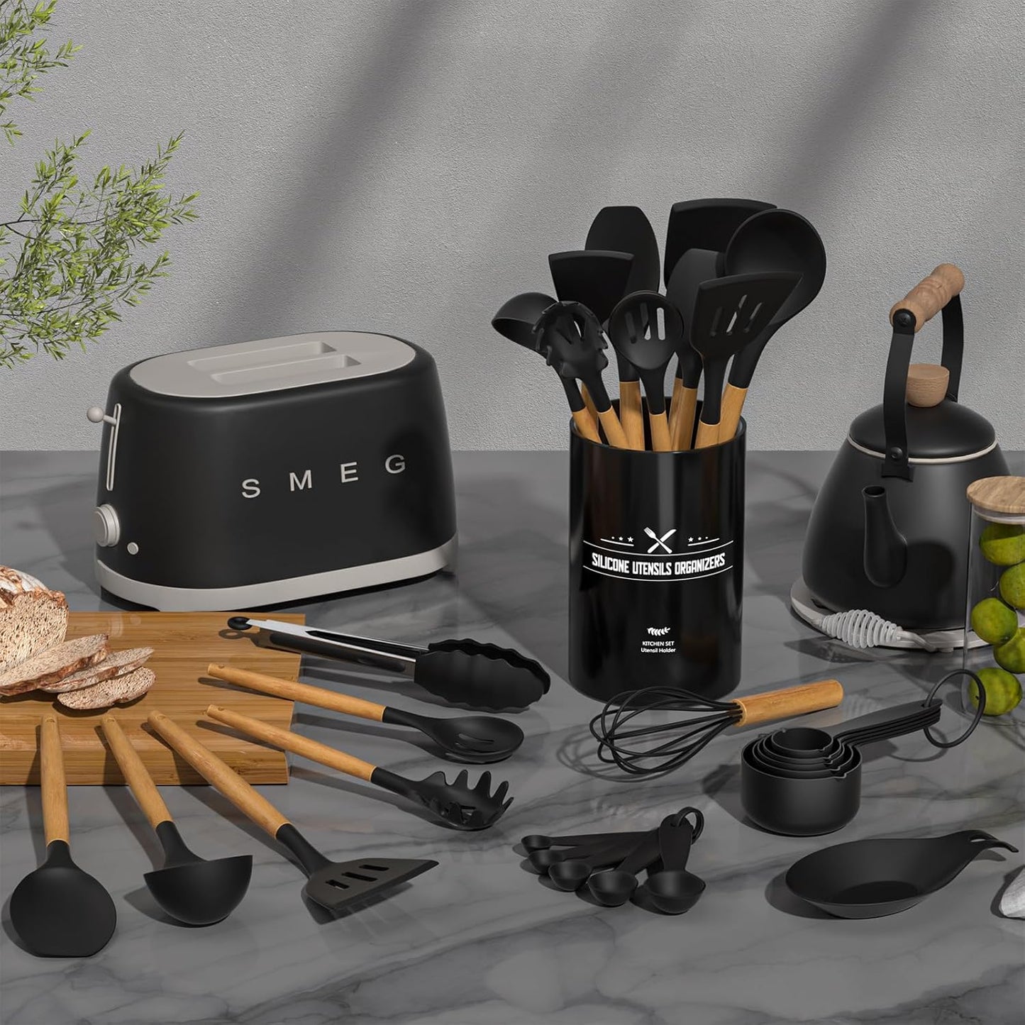 Ultimate 33-Piece Kitchen Cooking Utensils Set - Non-Stick Silicone Tools with Stylish Black Wooden Handles