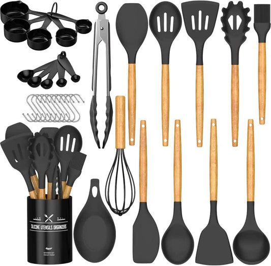 Ultimate 33-Piece Kitchen Cooking Utensils Set - Non-Stick Silicone Tools with Stylish Black Wooden Handles