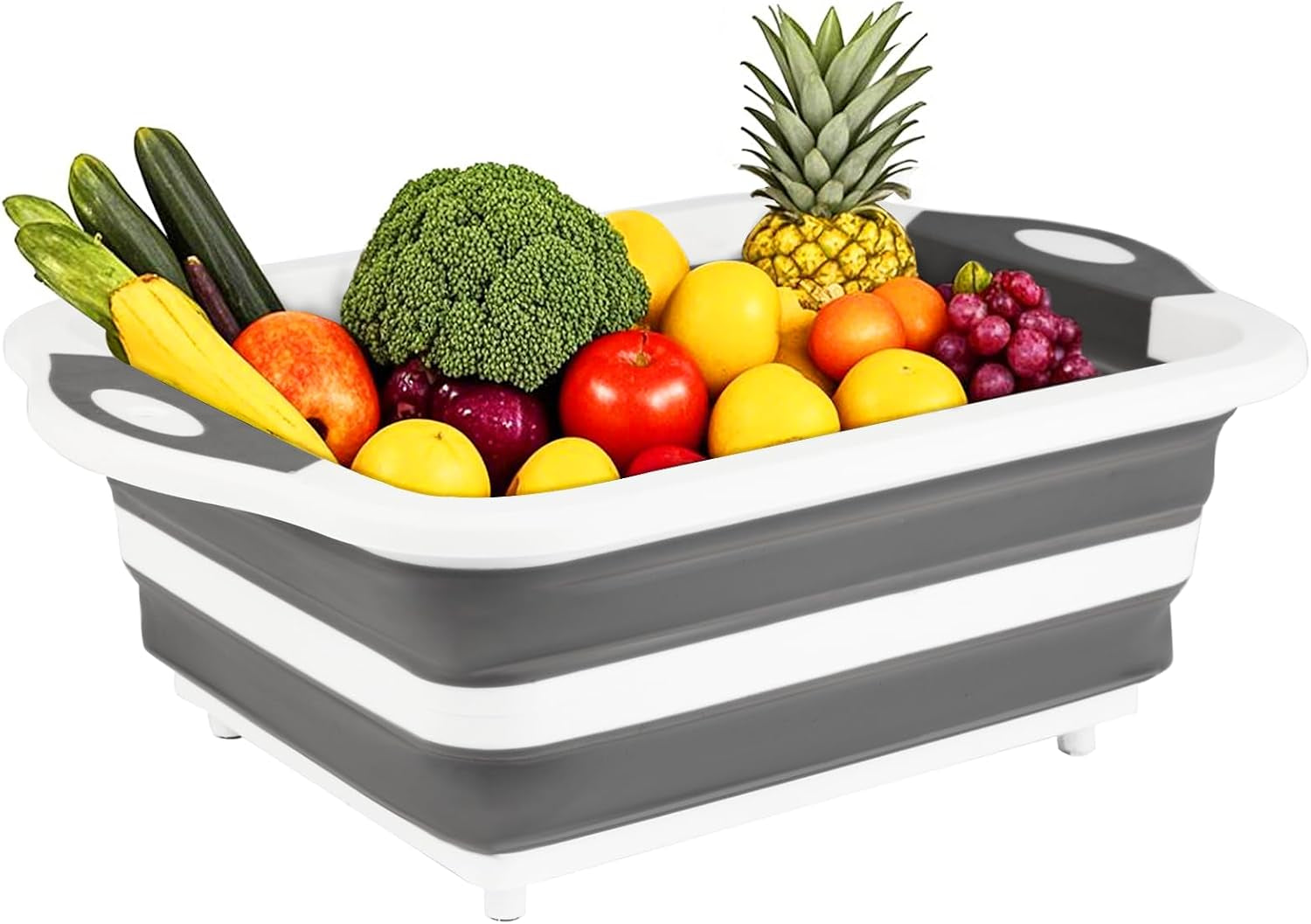 Collapsible BBQ Prep Tub/Cutting Board 10L, Foldable Dish Tub with Colander, Portable Camping Sink, Multifunction Dishing Basin Bucket Wash Tub for Kitchen Fruit Vegetable Picnic (Gray)