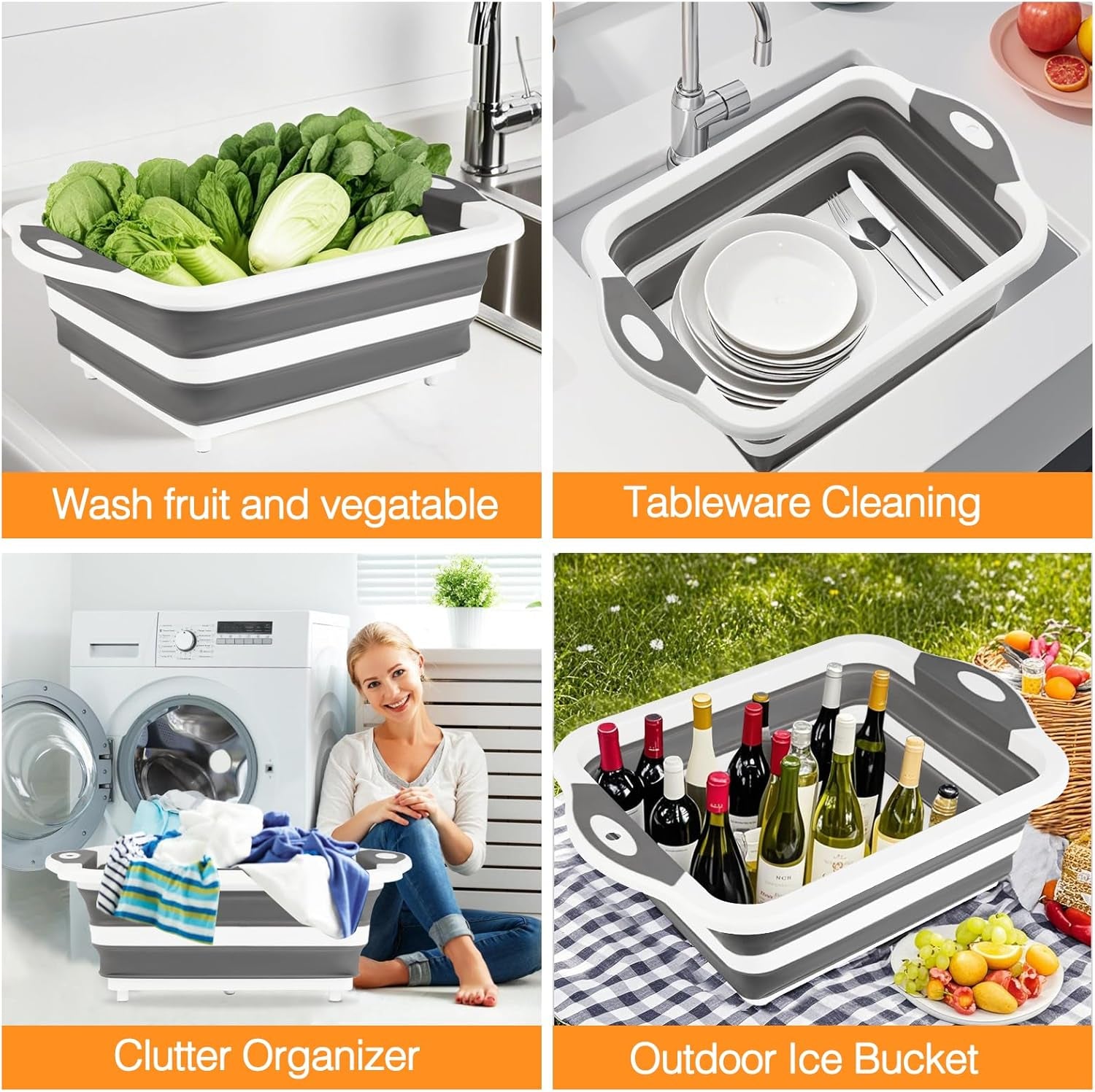 Collapsible BBQ Prep Tub/Cutting Board 10L, Foldable Dish Tub with Colander, Portable Camping Sink, Multifunction Dishing Basin Bucket Wash Tub for Kitchen Fruit Vegetable Picnic (Gray)