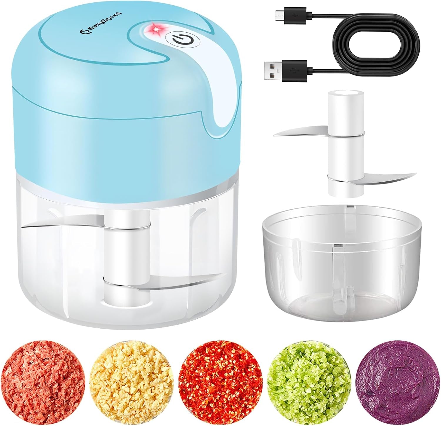 Electric Garlic Chopper 1Cup, Mini USB Charging Wireless Food Processor with 304 Stainless Steel, 2 Sharp Blades, Portable Kitchen Meat Grinder for Onion, Garlic, Ginger, Baby Food