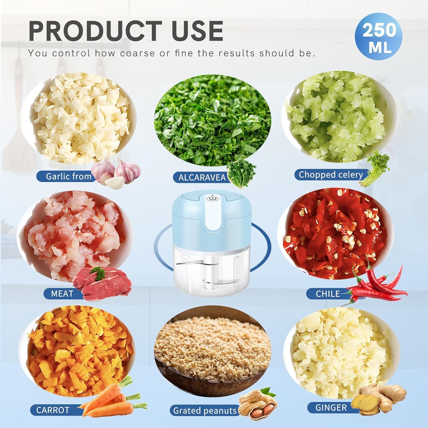 Electric Garlic Chopper 1Cup, Mini USB Charging Wireless Food Processor with 304 Stainless Steel, 2 Sharp Blades, Portable Kitchen Meat Grinder for Onion, Garlic, Ginger, Baby Food