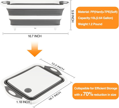 Collapsible BBQ Prep Tub/Cutting Board 10L, Foldable Dish Tub with Colander, Portable Camping Sink, Multifunction Dishing Basin Bucket Wash Tub for Kitchen Fruit Vegetable Picnic (Gray)