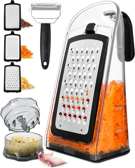 Cheese Grater with Garlic Crusher- Box Grater Vegetable Shredder with 3 Stainless Steel Blades - Graters for Kitchen- Cheese Graters with Handle - Garlic Mincer Tool and Vegetable Peeler