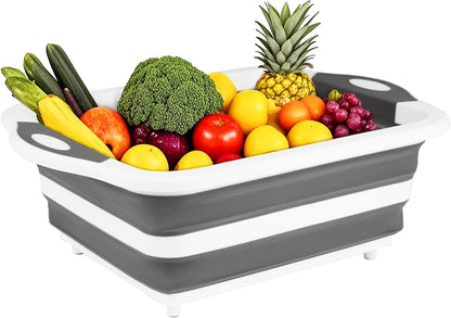 Collapsible BBQ Prep Tub/Cutting Board 10L, Foldable Dish Tub with Colander, Portable Camping Sink, Multifunction Dishing Basin Bucket Wash Tub for Kitchen Fruit Vegetable Picnic (Gray)