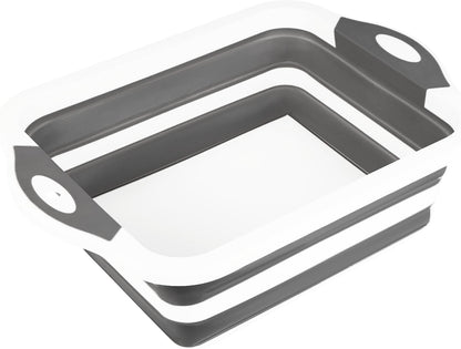 Collapsible BBQ Prep Tub/Cutting Board 10L, Foldable Dish Tub with Colander, Portable Camping Sink, Multifunction Dishing Basin Bucket Wash Tub for Kitchen Fruit Vegetable Picnic (Gray)